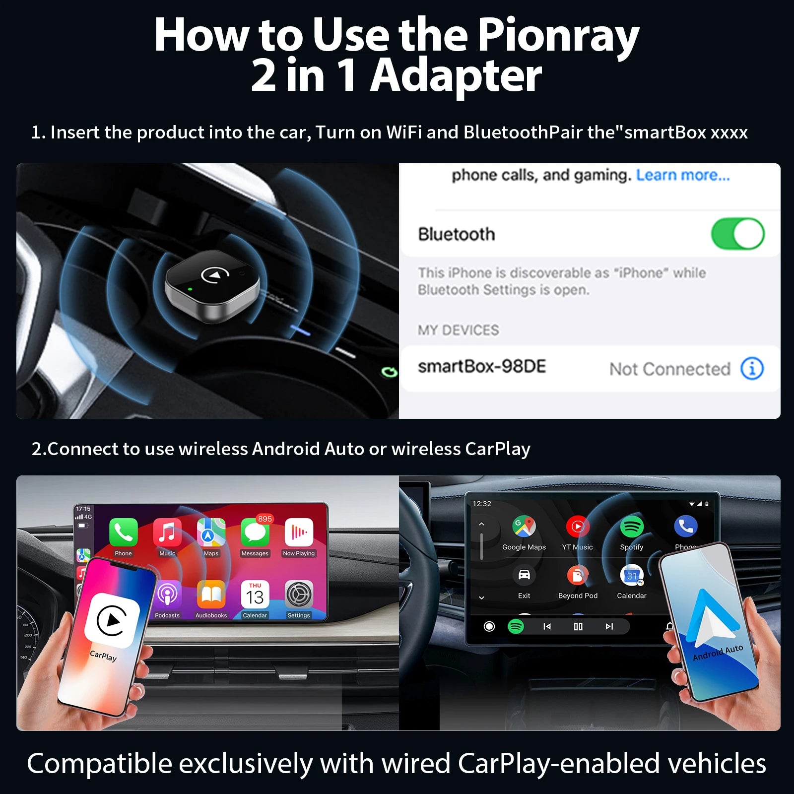 New WaveX™ 2 in 1 Wireless CarPlay Adapter&Android Auto Wireless Adapter, 5Ghz WiFi Type-C/USB Plug Play CarPlay Wireless
