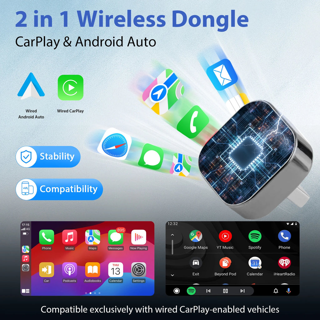 New WaveX™ 2 in 1 Wireless CarPlay Adapter&Android Auto Wireless Adapter, 5Ghz WiFi Type-C/USB Plug Play CarPlay Wireless