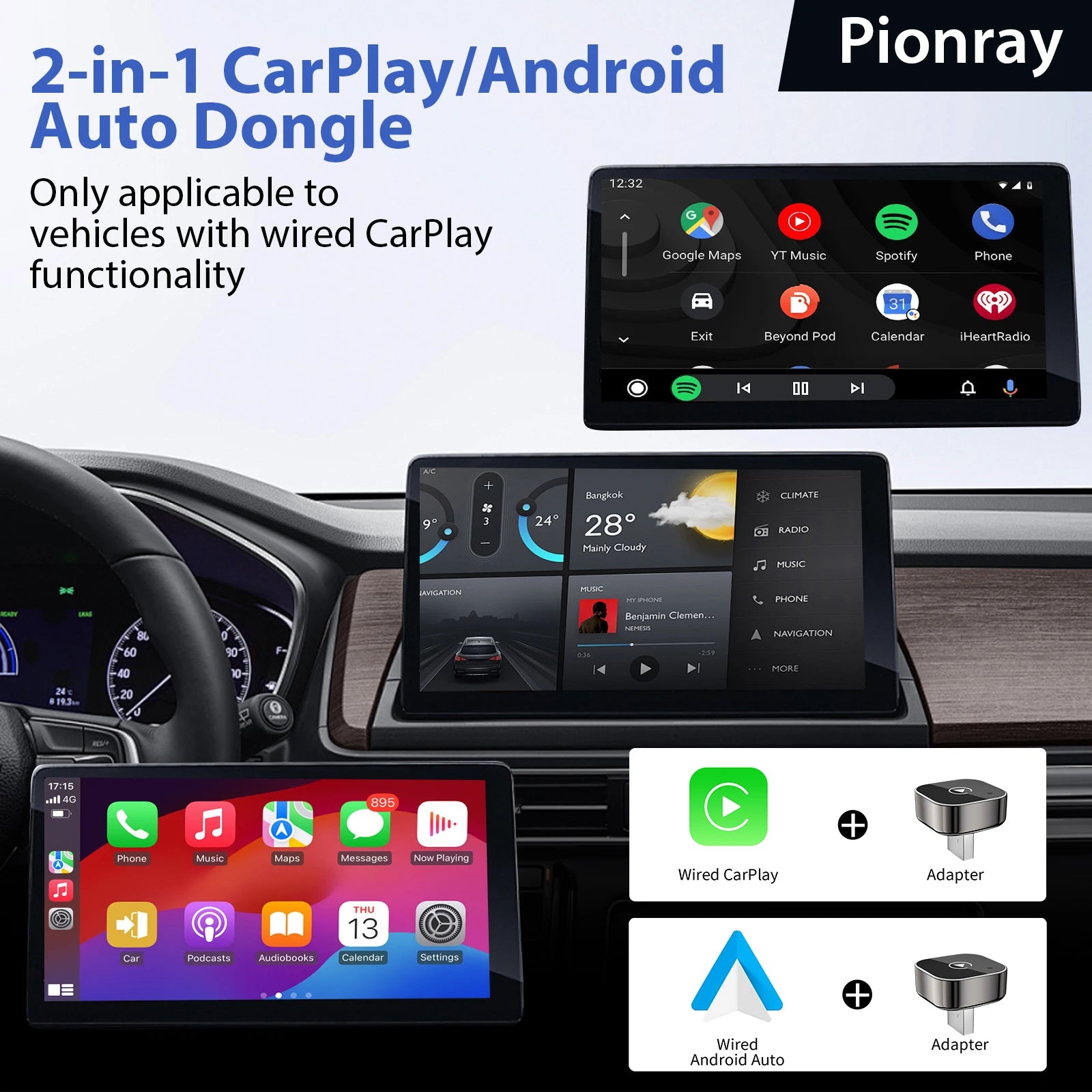 New WaveX™ 2 in 1 Wireless CarPlay Adapter&Android Auto Wireless Adapter, 5Ghz WiFi Type-C/USB Plug Play CarPlay Wireless